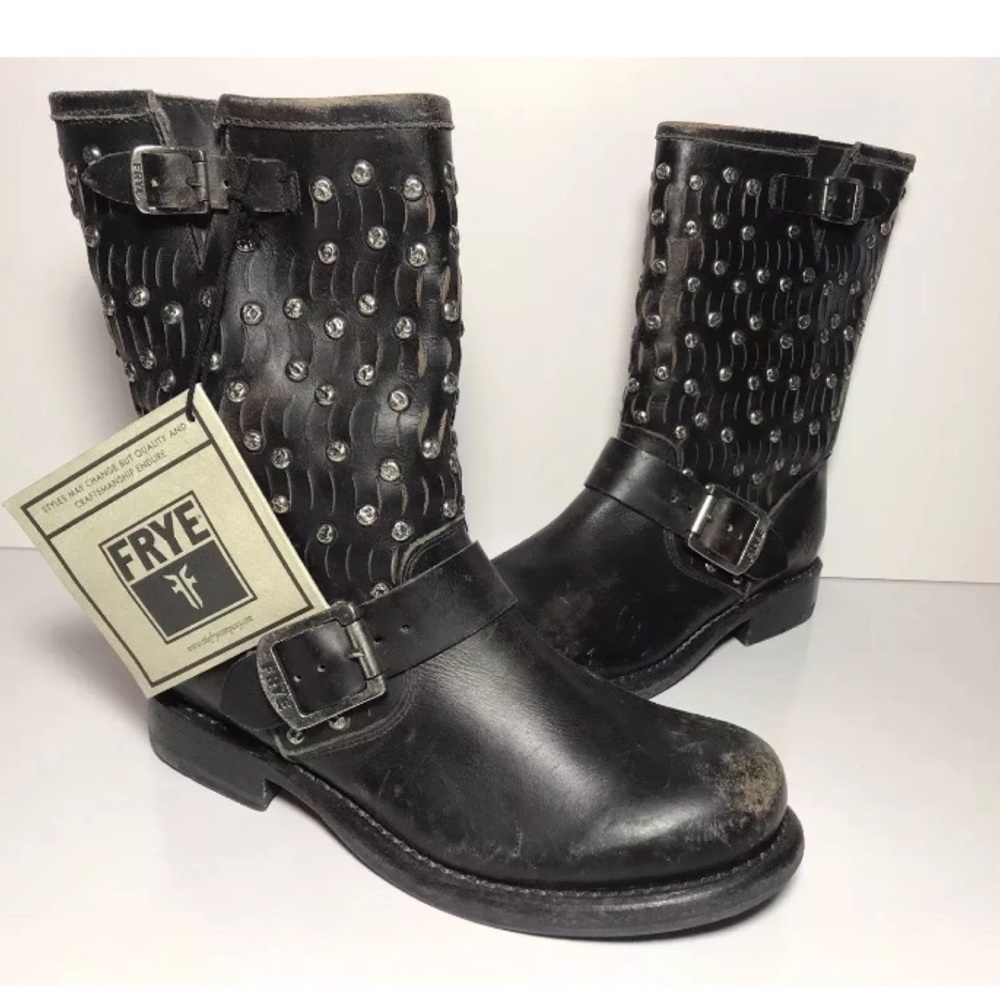 Frye Jenna Stud Leather Biker Boots - Picture 1 of 6